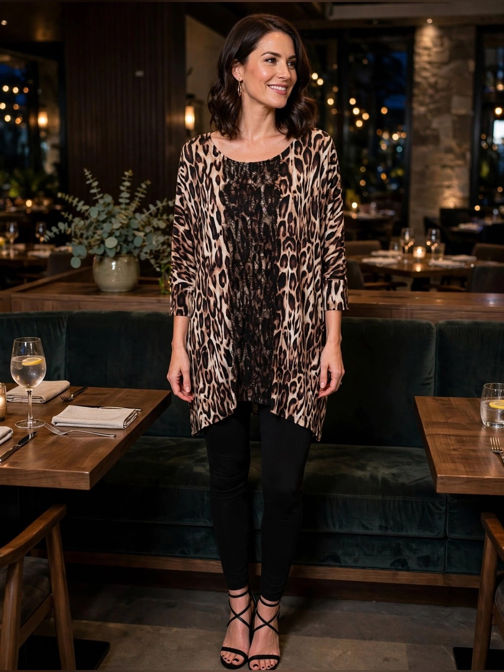 Chico's Leopard-Print Tunic with Black Lace Front - Brown, Black & Cream